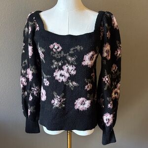 Anthropologie Black Off-Shoulder Floral Puff-Sleeve Sweater